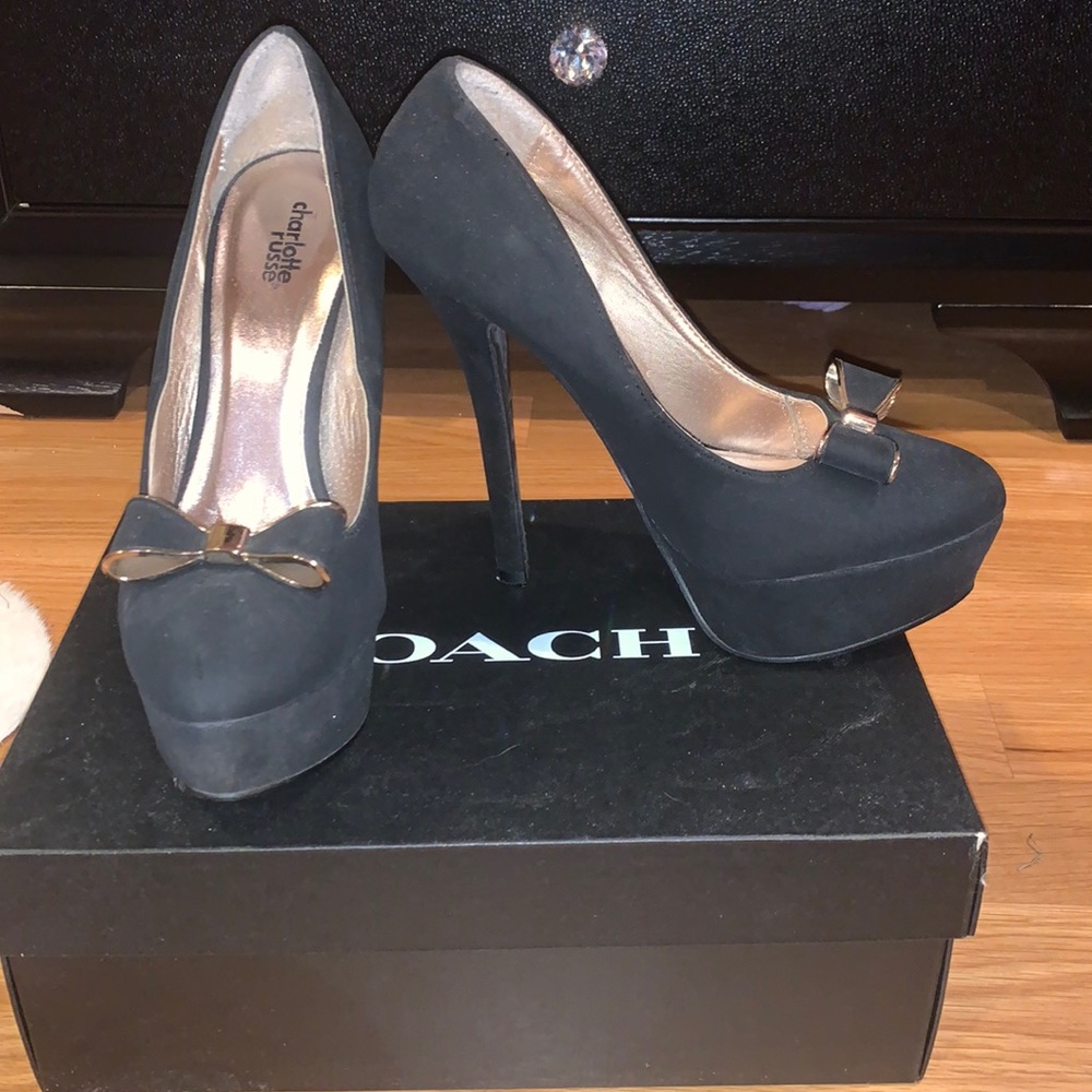 Charlotte Russe black and gold bow heels